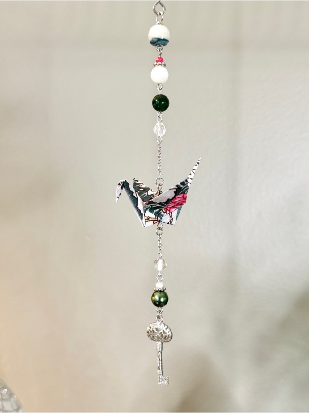 Origami Ornament #2501 - Small Crane with Repurposed Key Charm